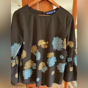 Apt. 9 Black Floral Bell-Sleeve Top with Blue and Green Flowers